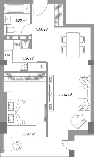 2-комнатная 55 м2 в ЖК Фьорд корпус null этаж 9
