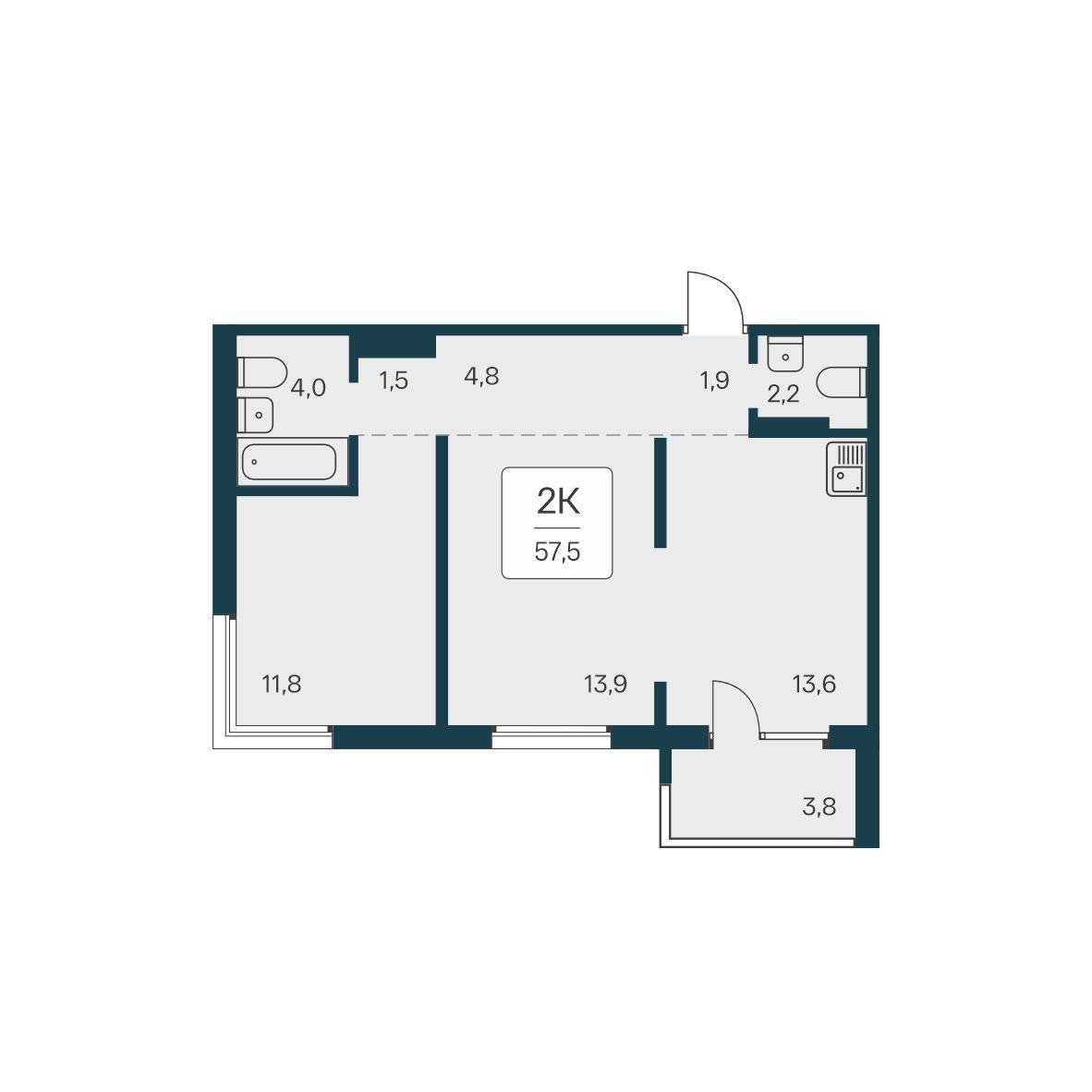 2-комнатная 57 м2 в ЖК Квартал на Игарской корпус null этаж 1