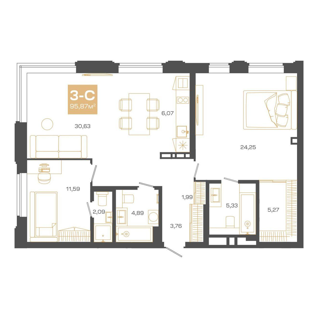 3-комнатная 95 м2 в ЖК Пульсар корпус null этаж 21