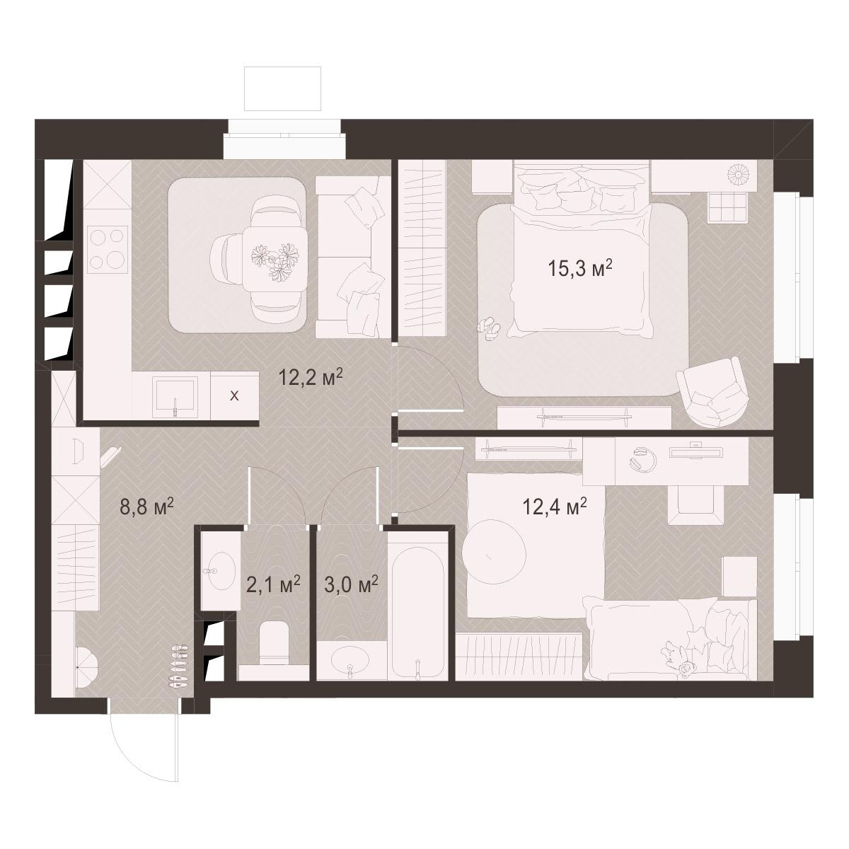 2-комнатная 53 м2 в ЖК Гранд Комфорт-3 корпус null этаж 4