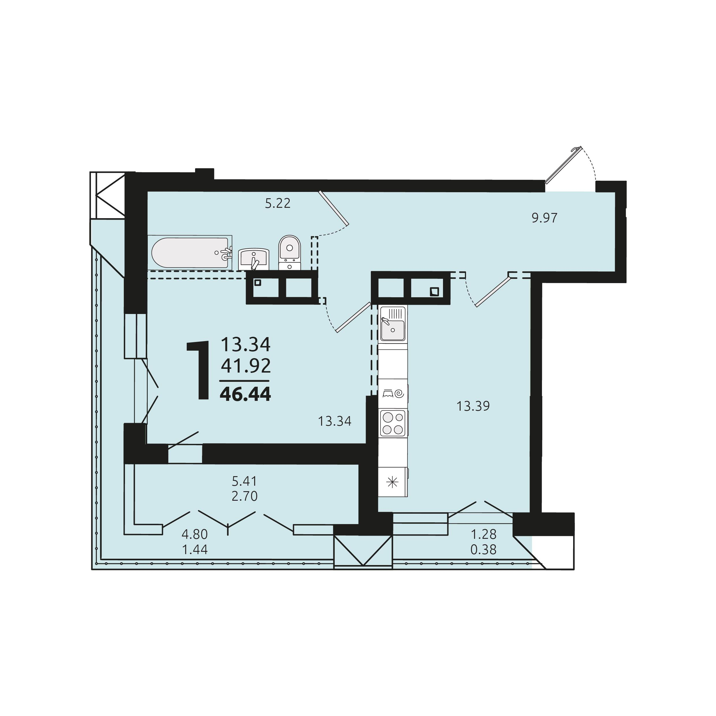 1-комнатная 46 м2 в ЖК Прометей корпус null этаж 2