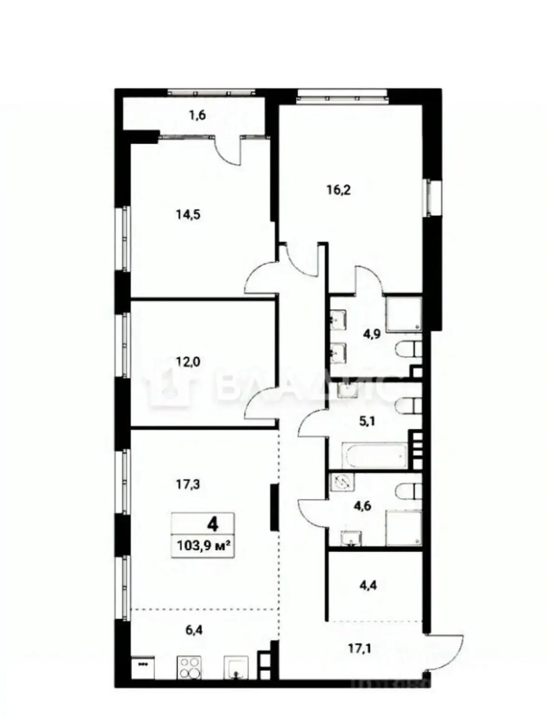 4-комнатная 104.1 м2 в ЖК undefined корпус null этаж 13