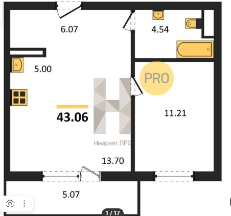 1-комнатная 43 м2 в ЖК undefined корпус null этаж 6