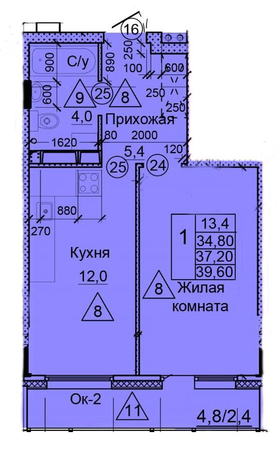 1-комнатная 39.6 м2 в ЖК undefined корпус null этаж 2