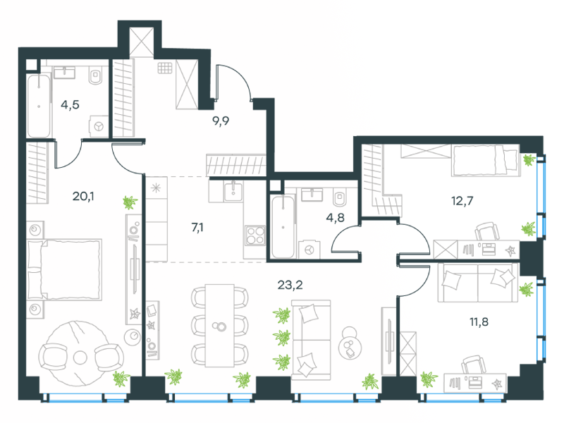 4-комнатная 95 м2 в ЖК Level Мичуринский корпус null этаж 6