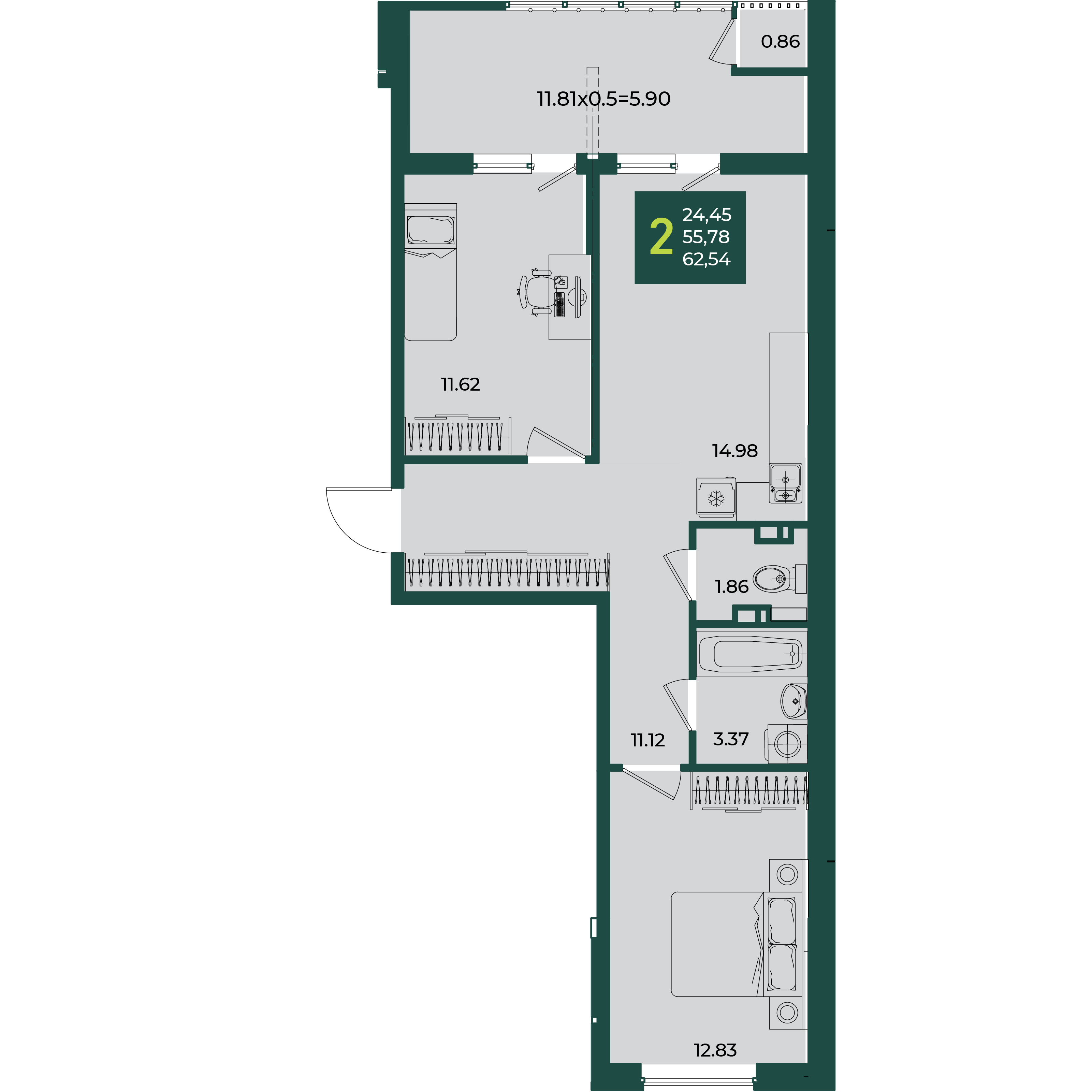 2-комнатная 62 м2 в ЖК Образцово корпус null этаж 3