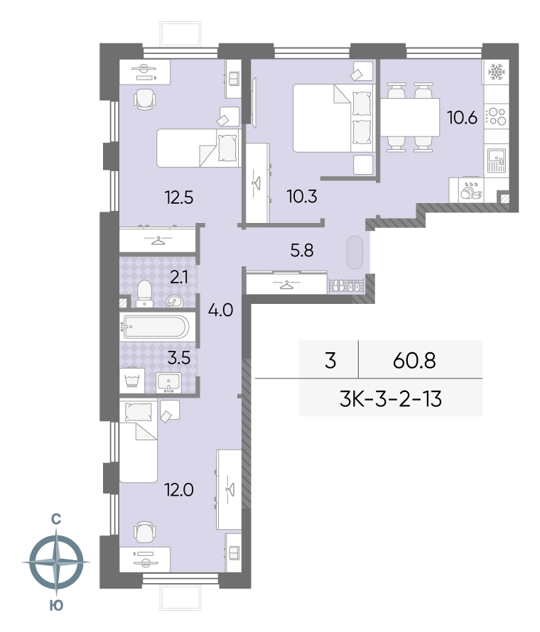 3-комнатная 60 м2 в ЖК ЛУЧИ корпус null этаж 13