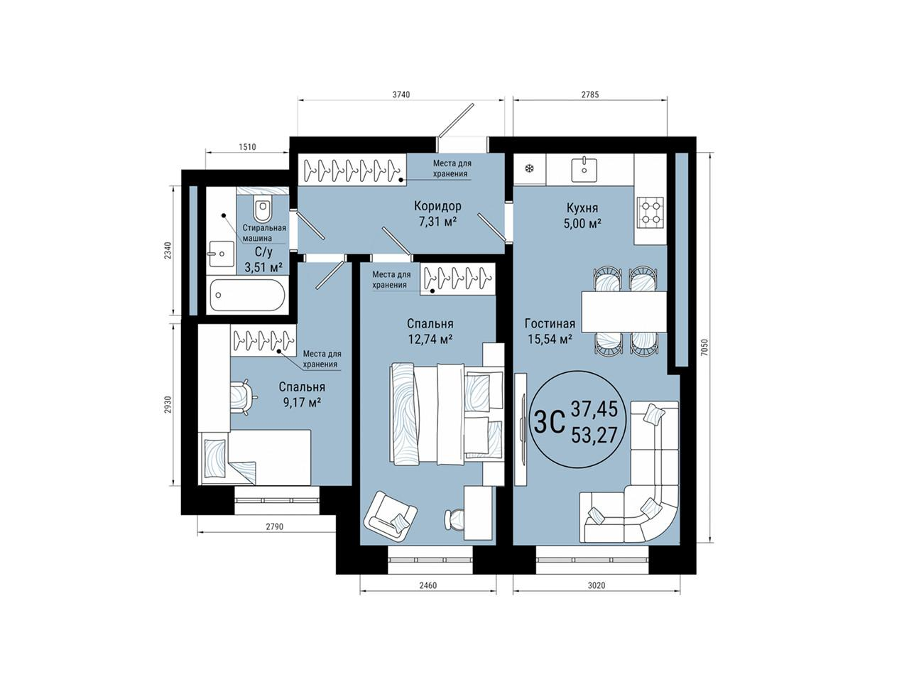 3-комнатная 53.8 м2 в ЖК undefined корпус null этаж 10