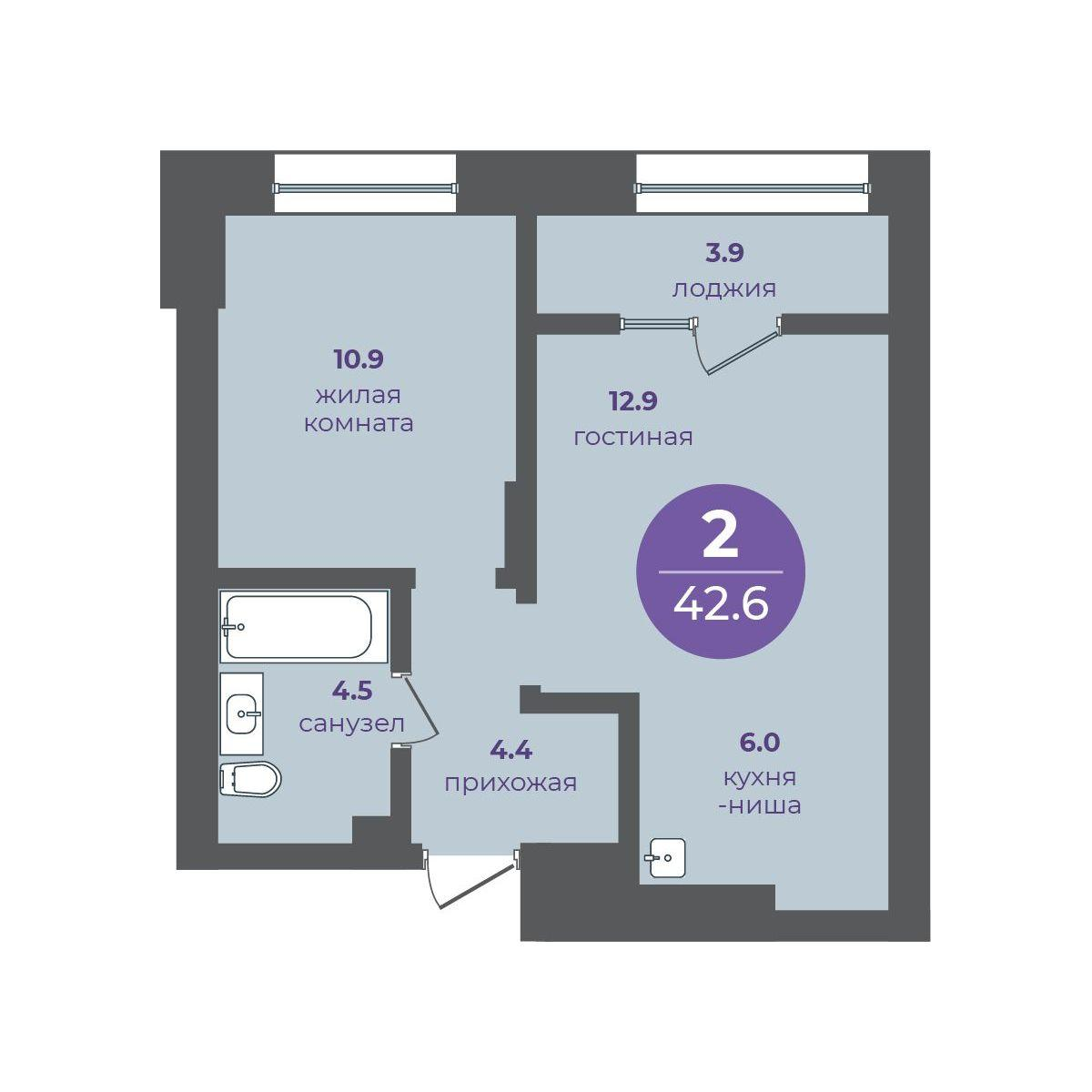 2-комнатная 42 м2 в ЖК Перемены корпус null этаж 1