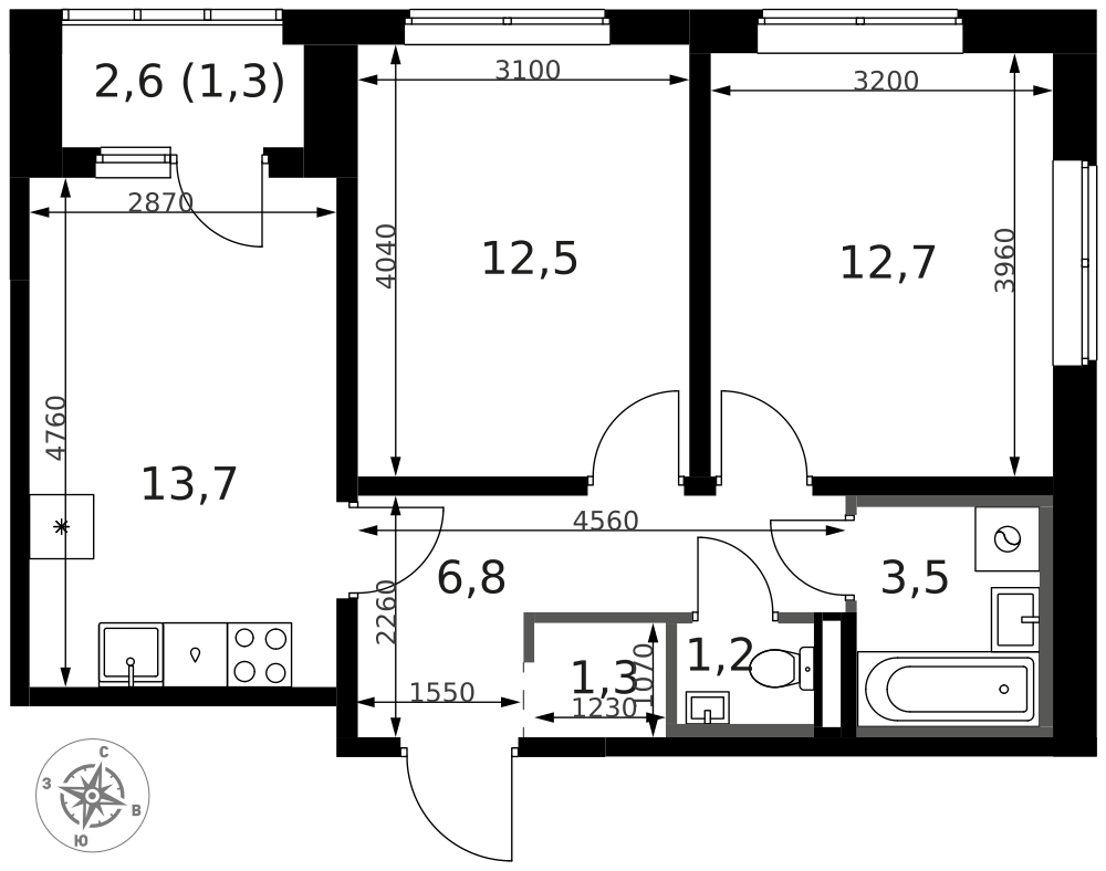 2-комнатная 54 м2 в ЖК 1-й Ясеневский корпус null этаж 2