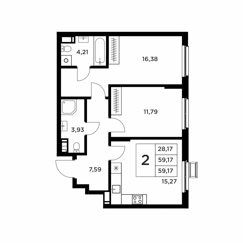 2-комнатная 59 м2 в ЖК Соседи корпус null этаж 5