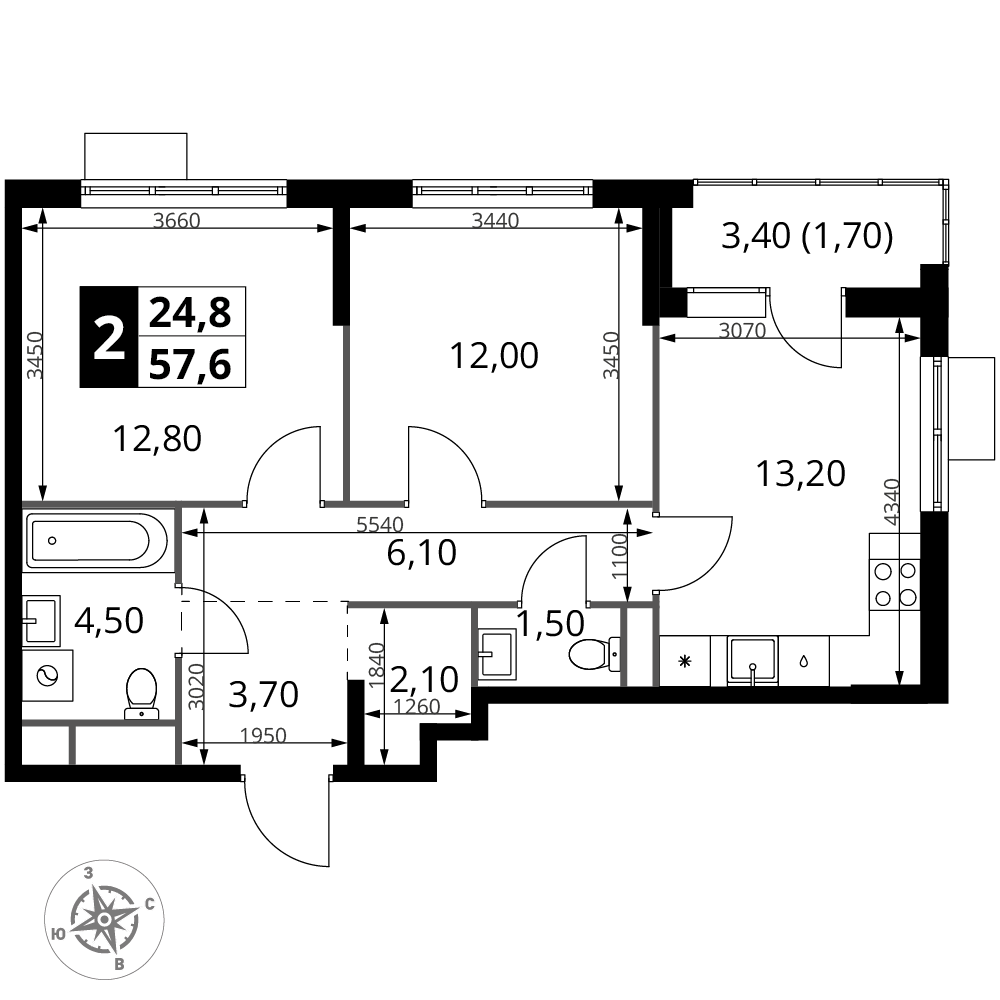 2-комнатная 57 м2 в ЖК 1-й Химкинский корпус null этаж 5