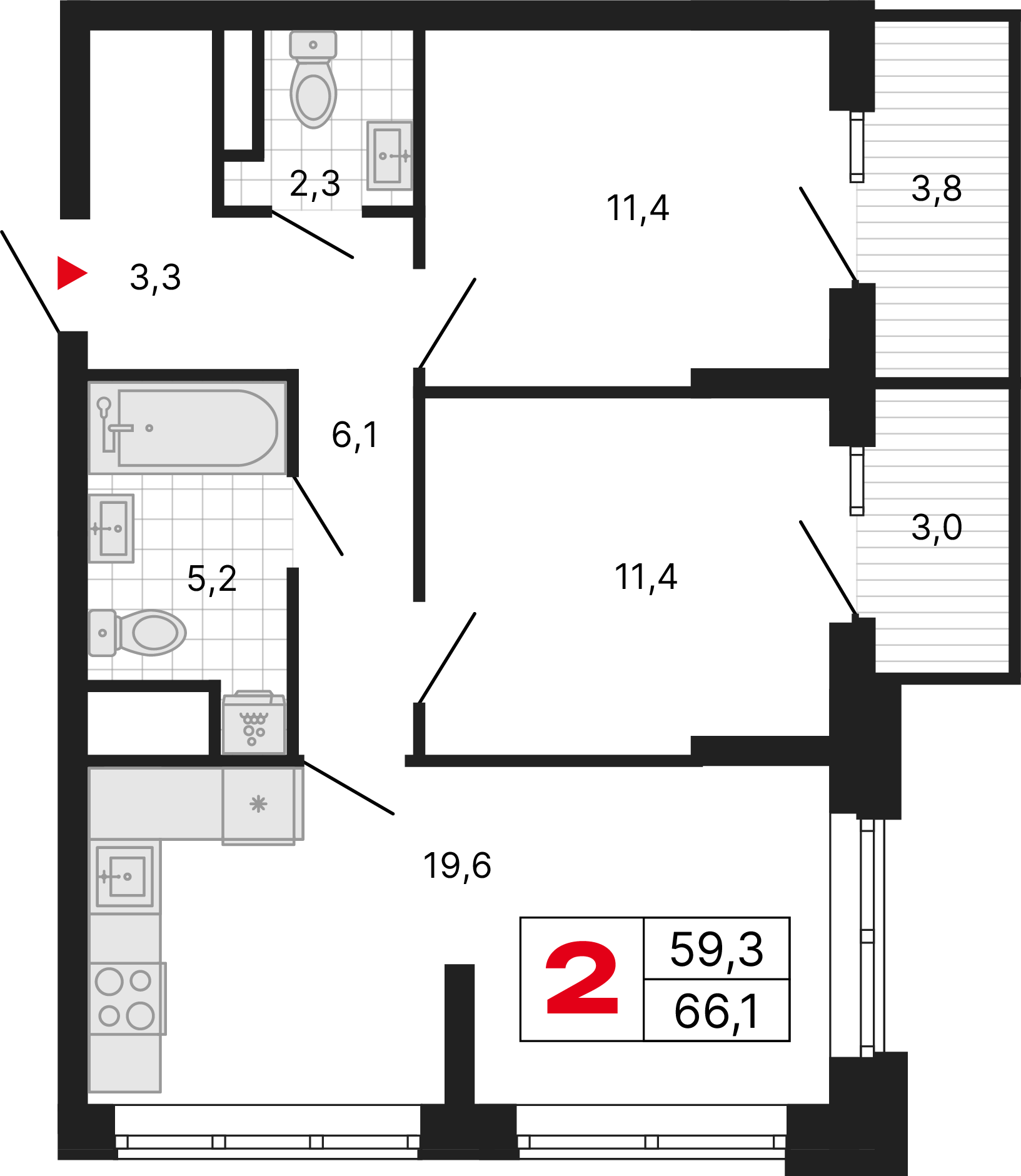 2-комнатная 66 м2 в ЖК Бестселлер корпус null этаж 7