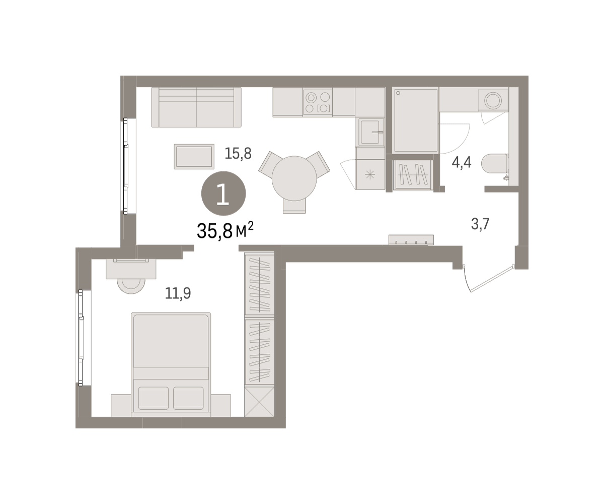 1-комнатная 35 м2 в ЖК Брусника в Новоселье корпус null этаж 3
