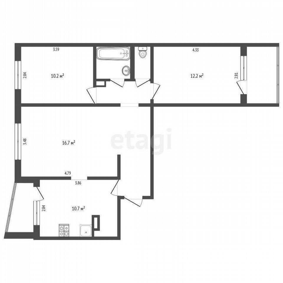 3-комнатная 63.6 м2 в ЖК undefined корпус null этаж 4