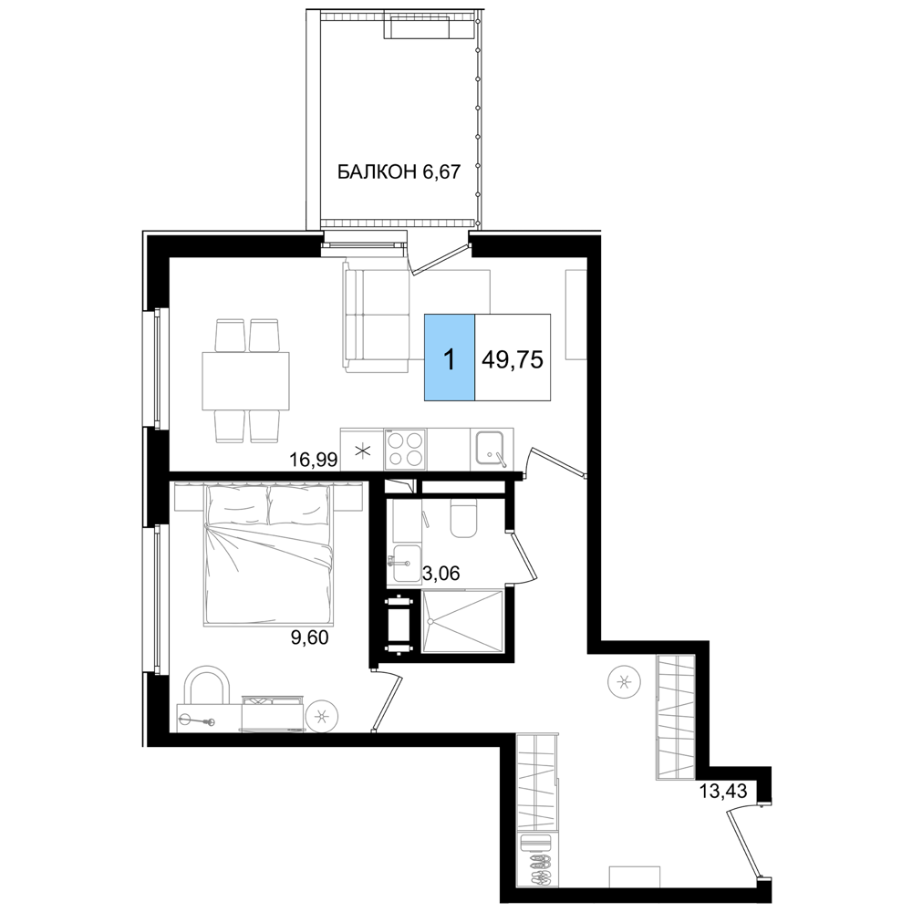 2-комнатная 49 м2 в ЖК Корсаков корпус null этаж 6