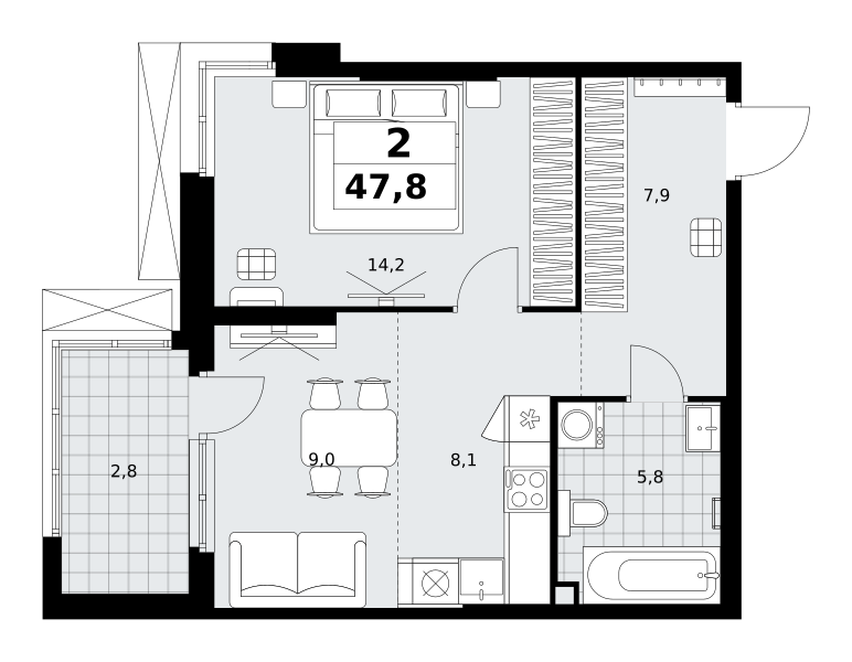 2-комнатная 47 м2 в ЖК Дзен-кварталы корпус null этаж 2