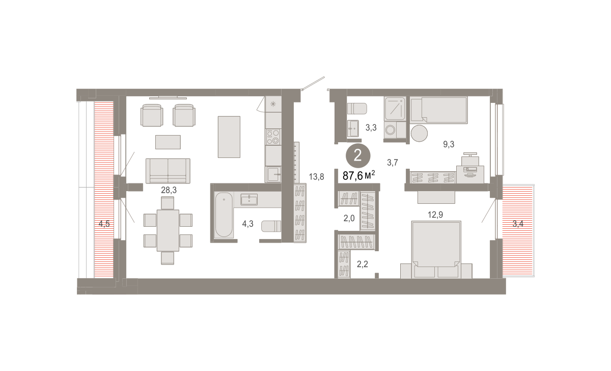2-комнатная 87 м2 в ЖК Квартал Нефть корпус null этаж 7