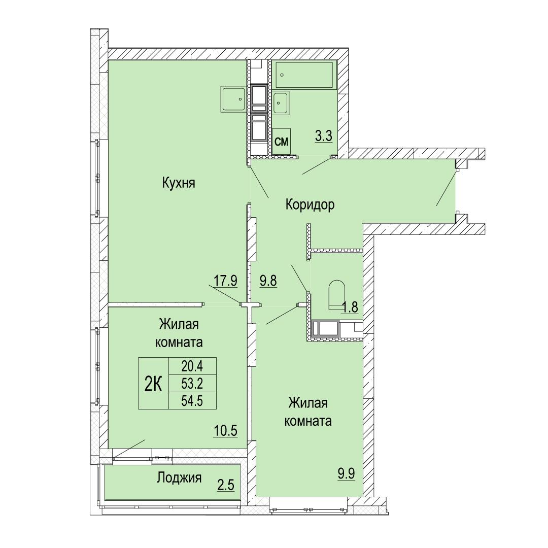 2-комнатная 54 м2 в ЖК Кузнечиха Город корпус null этаж 11