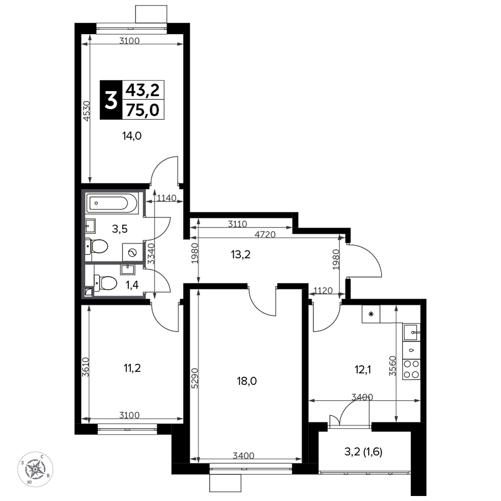 3-комнатная 76 м2 в ЖК Южная Битца корпус null этаж 4