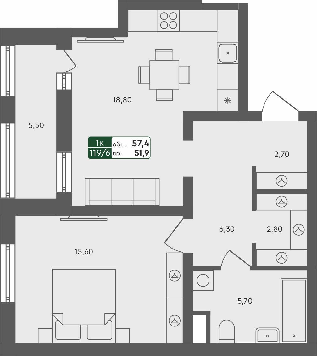 1-комнатная 57 м2 в ЖК Ритмы корпус null этаж 7