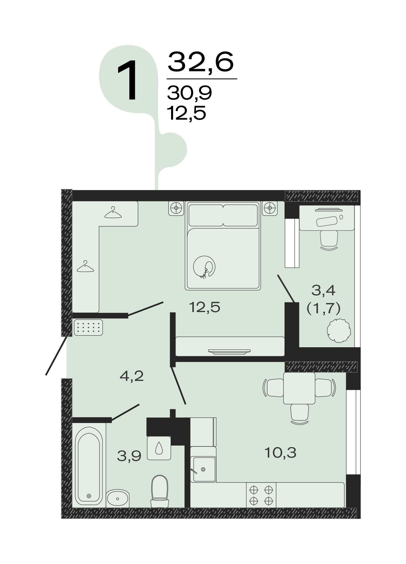 1-комнатная 32 м2 в ЖК ЭВО корпус null этаж 4