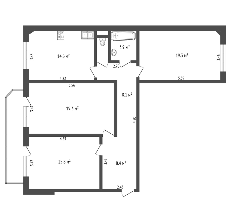 3-комнатная 93.1 м2 в ЖК undefined корпус null этаж 8