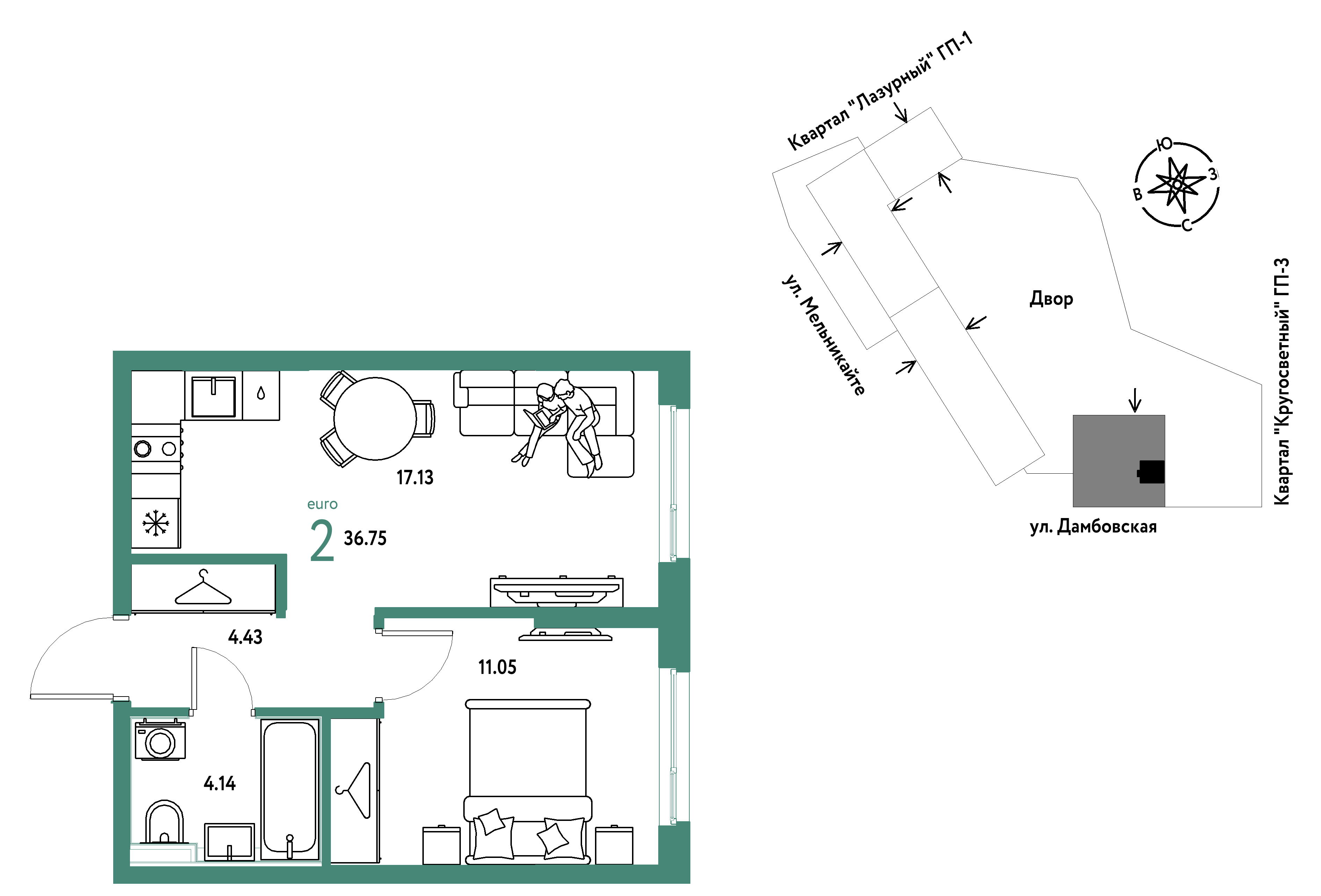 2-комнатная 36 м2 в ЖК Страна.Прибрежная корпус null этаж 7
