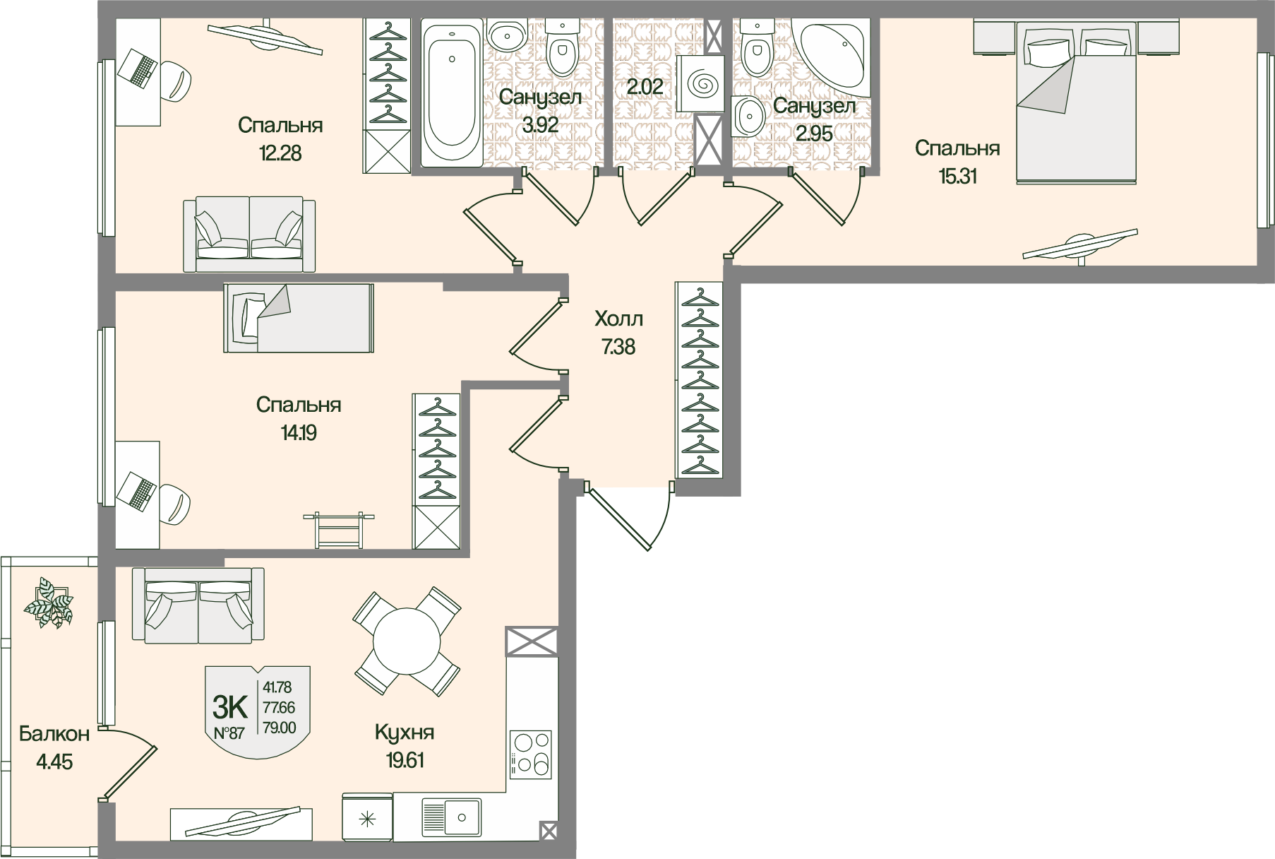 3-комнатная 78 м2 в ЖК Охтинские высоты корпус null этаж 3