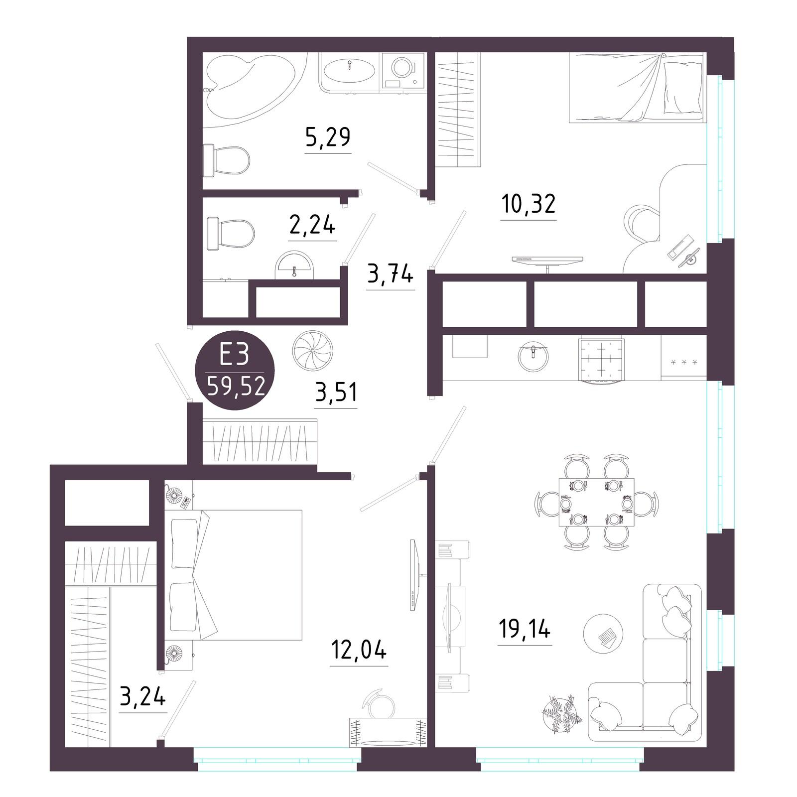 2-комнатная 59 м2 в ЖК Крылья корпус null этаж 13