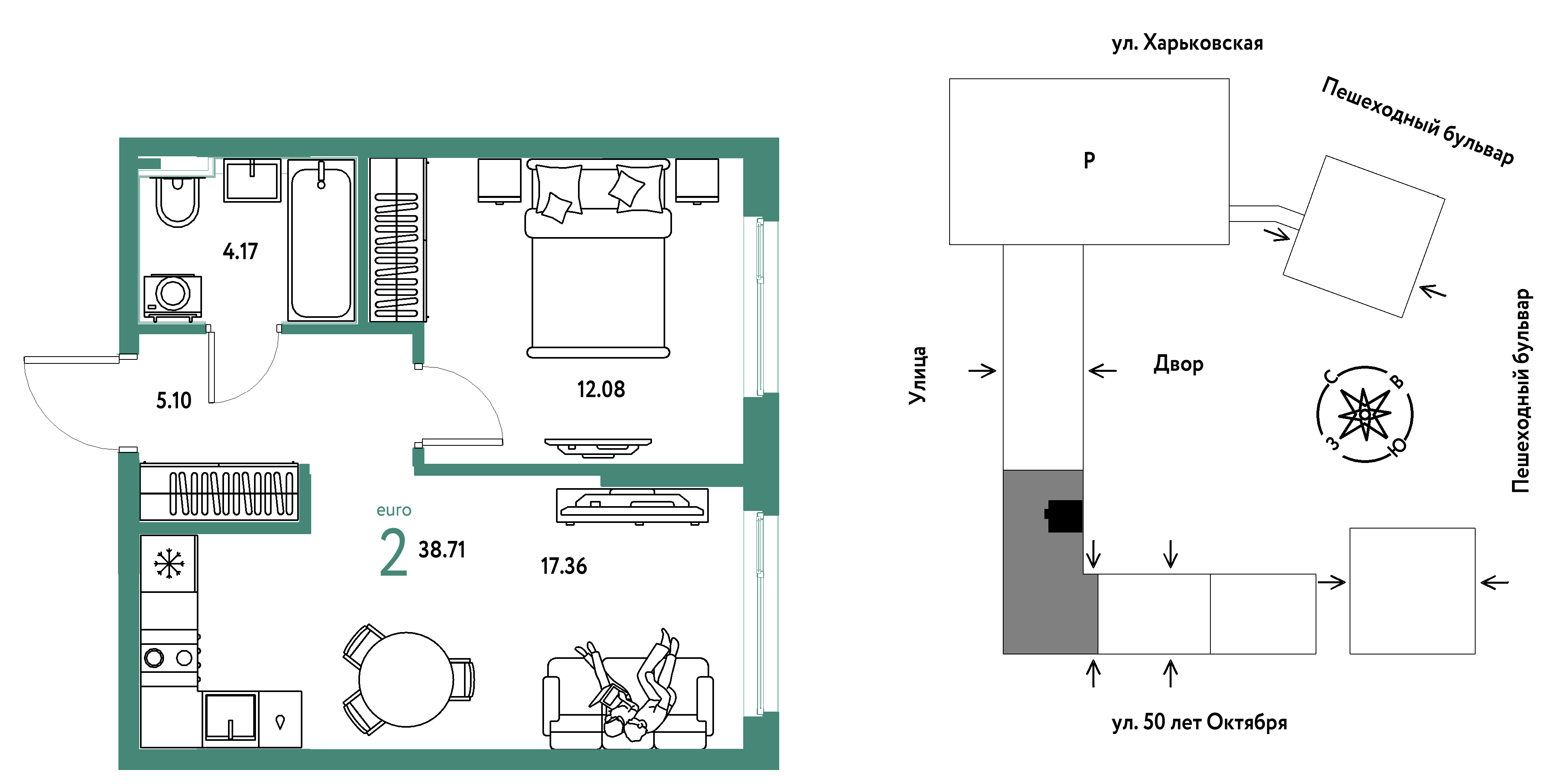 2-комнатная 38 м2 в ЖК Сердце Сибири корпус null этаж 5