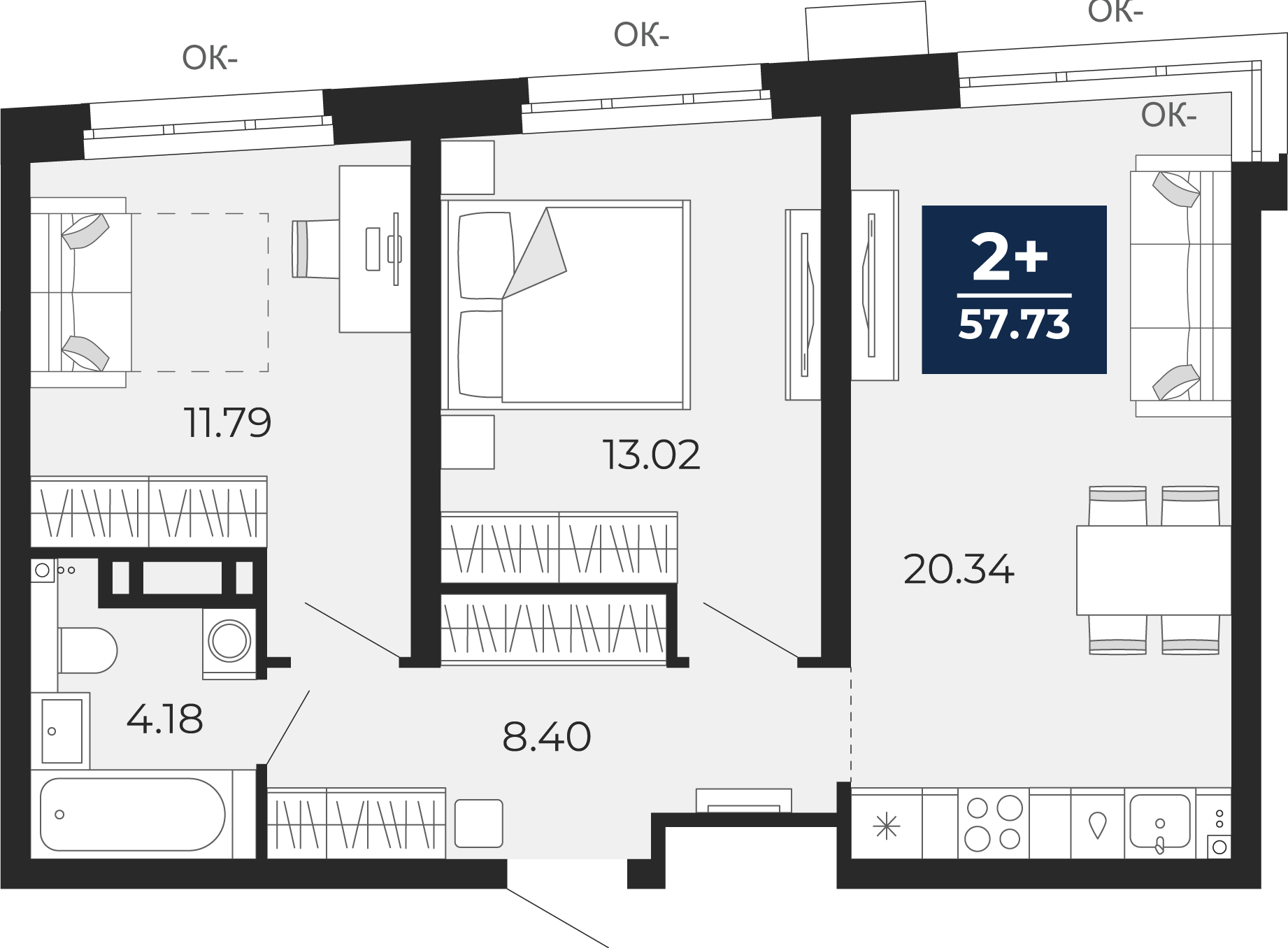 2-комнатная 57 м2 в ЖК Прео корпус null этаж 15