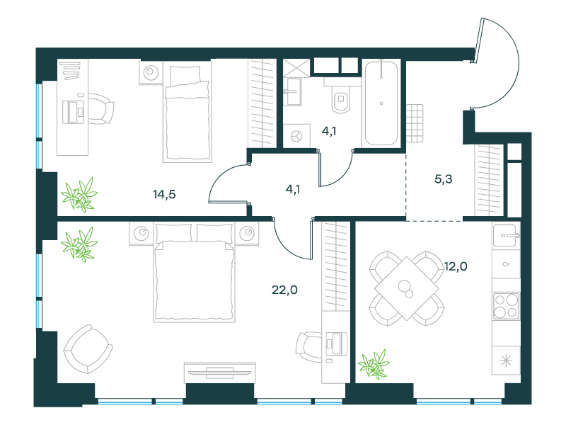 2-комнатная 62 м2 в ЖК Level Войковская корпус null этаж 10