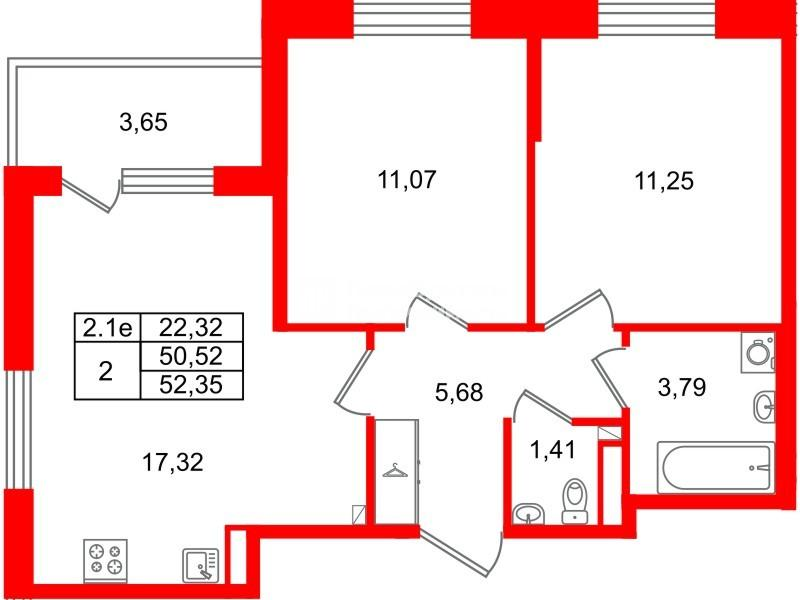2-комнатная 50 м2 в ЖК Парадный ансамбль корпус null этаж 2
