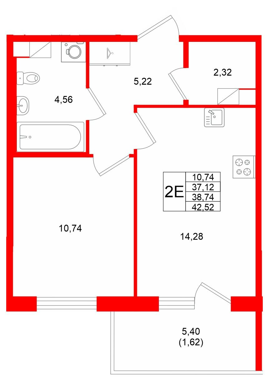 1-комнатная 38 м2 в ЖК IQ Гатчина корпус null этаж 4