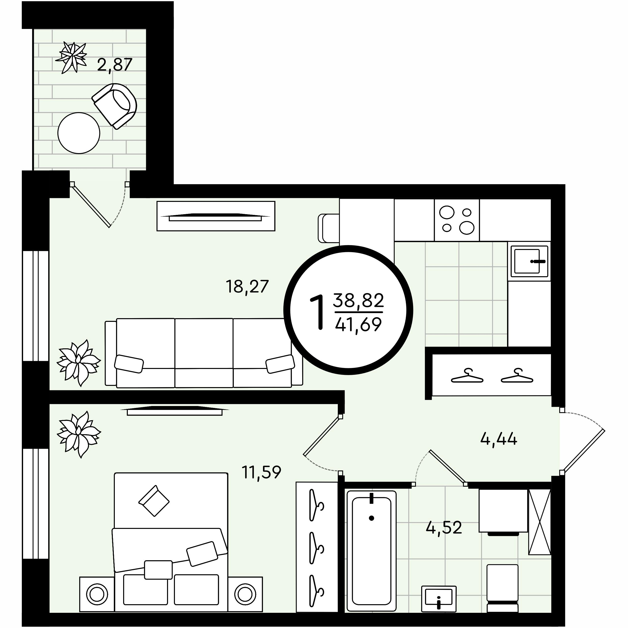 1-комнатная 41 м2 в ЖК Зеленые Аллеи корпус null этаж 3