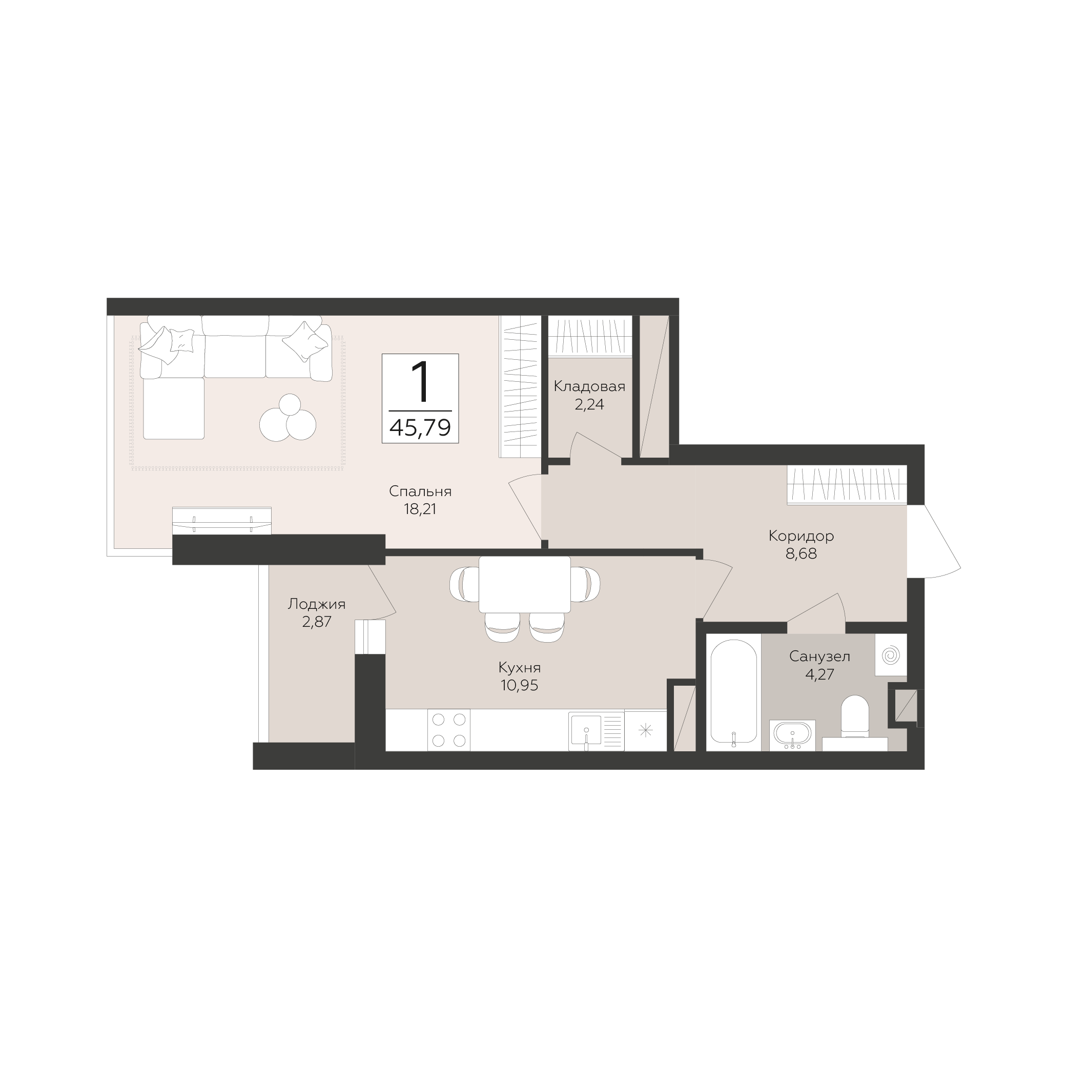 1-комнатная 45 м2 в ЖК Скай корпус null этаж 8