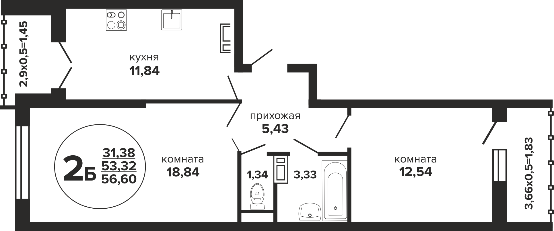 2-комнатная 57 м2 в ЖК Гулливер корпус null этаж 8