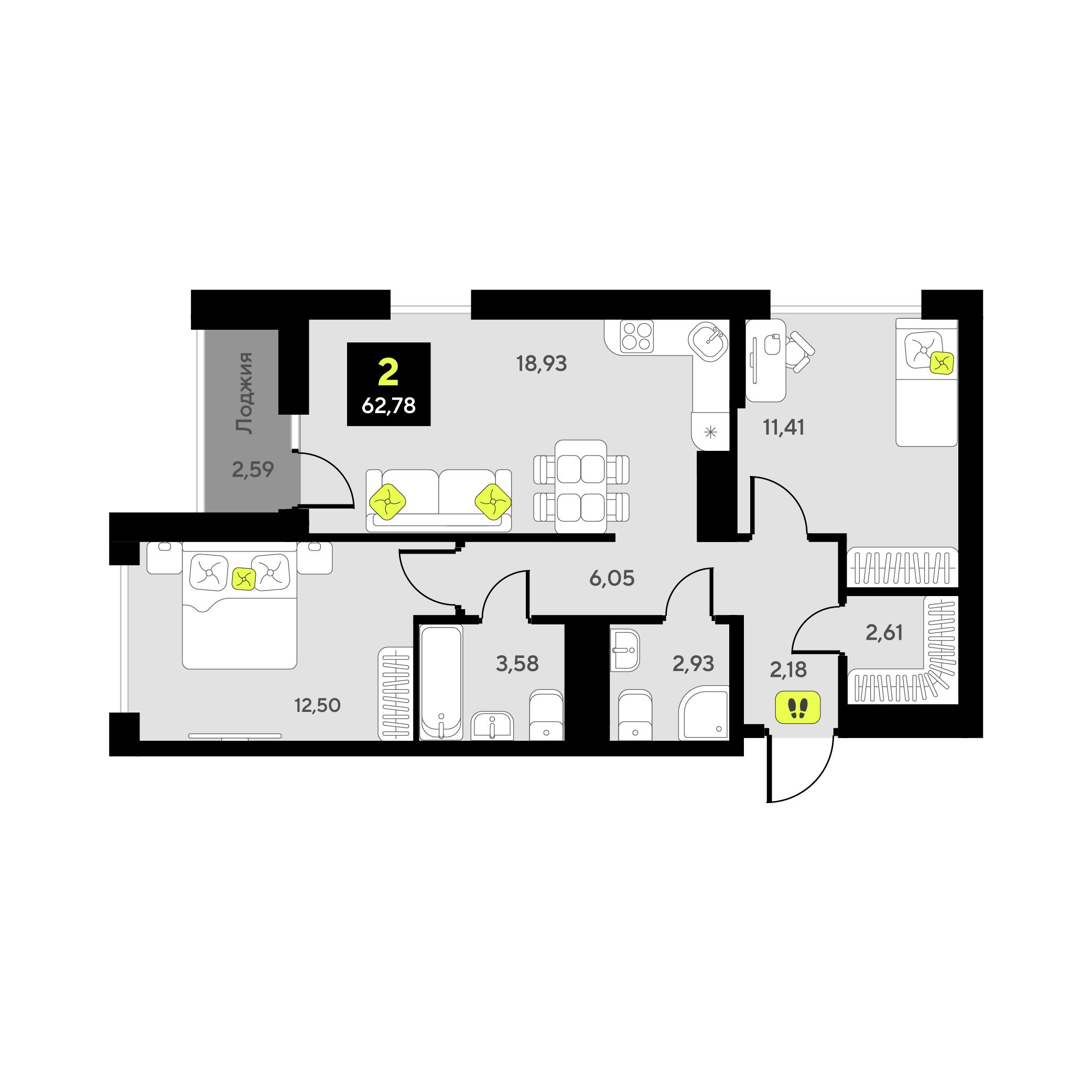 2-комнатная 62 м2 в ЖК Мотивы корпус null этаж 8
