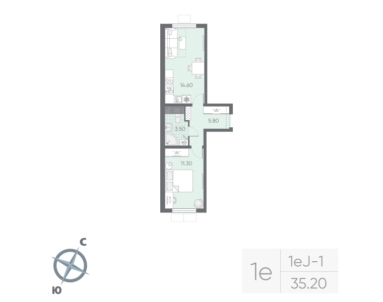 1-комнатная 35 м2 в ЖК Ручьи (2 оч.) корпус null этаж 3
