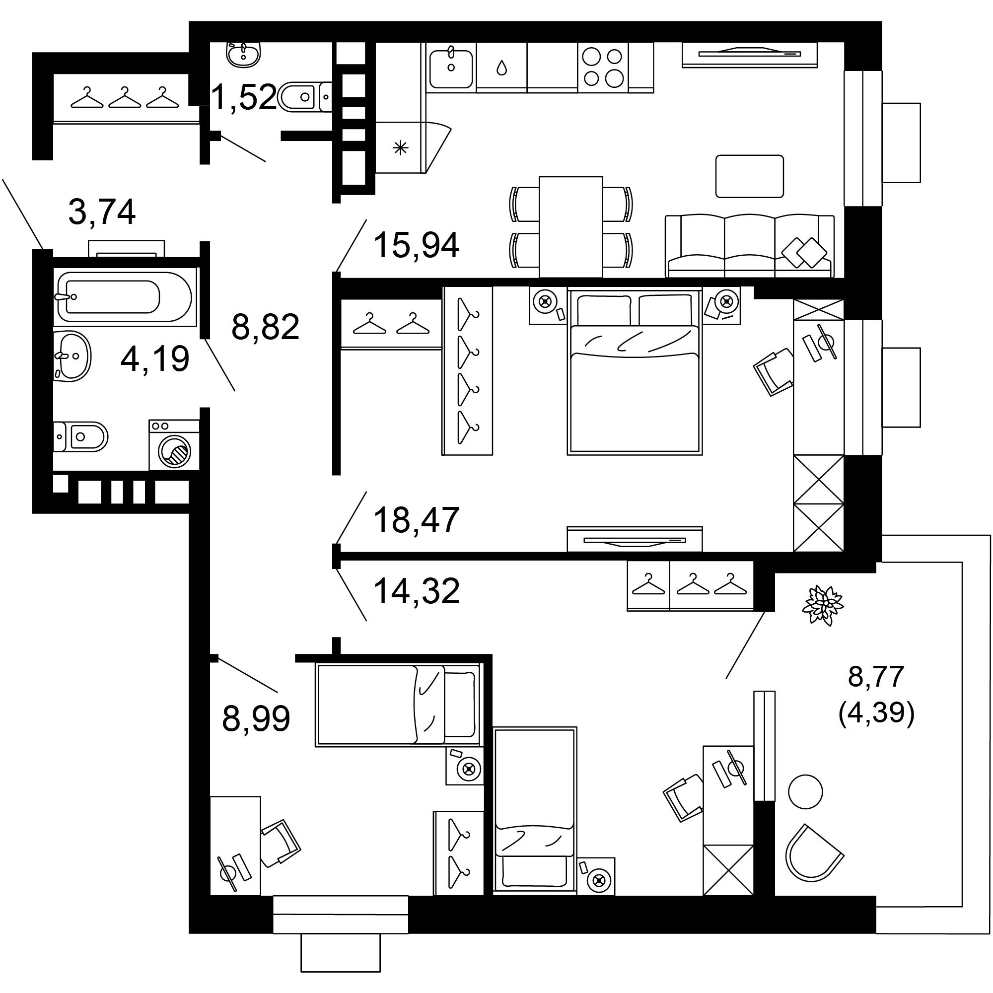 3-комнатная 80 м2 в ЖК 1799 корпус null этаж 7