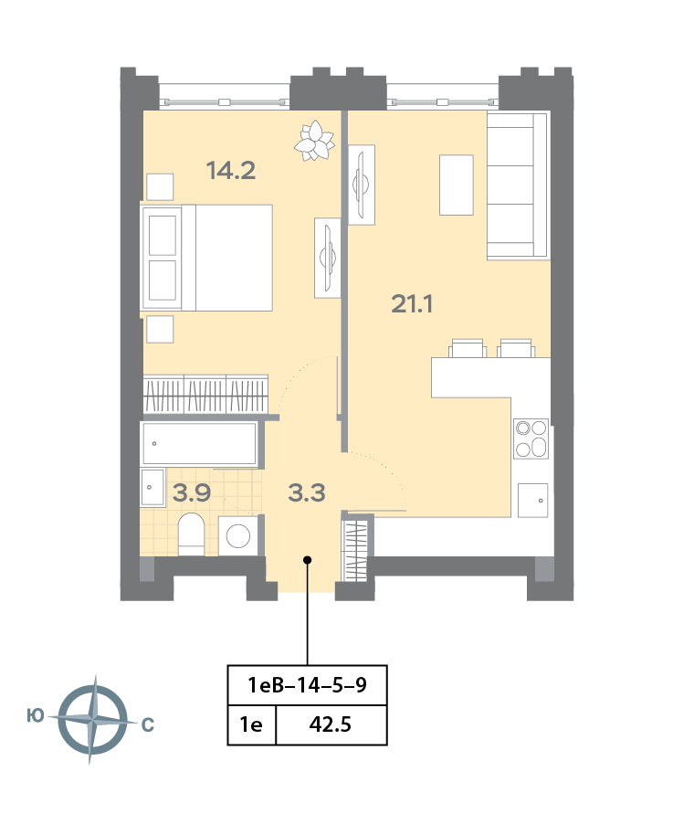 1-комнатная 42 м2 в ЖК Дмитровское небо корпус null этаж 9