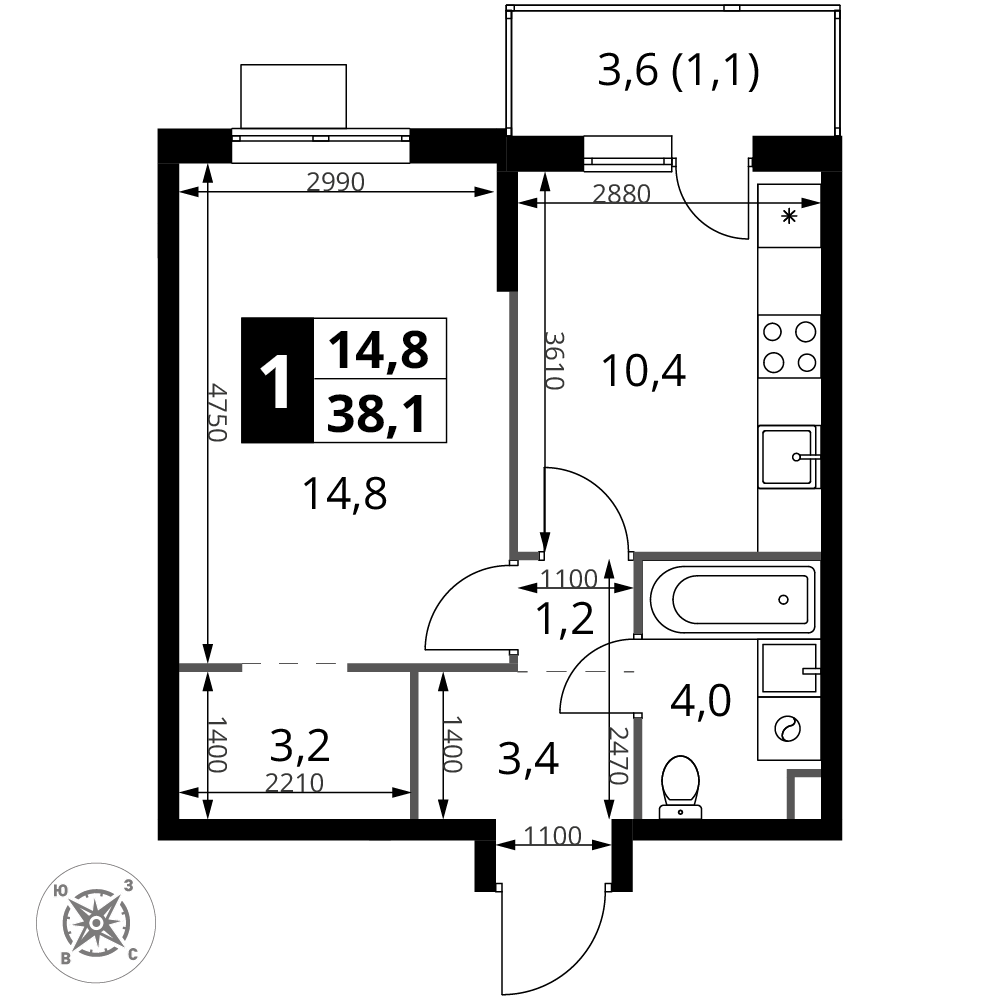 1-комнатная 38 м2 в ЖК 1-й Шереметьевский корпус null этаж 15