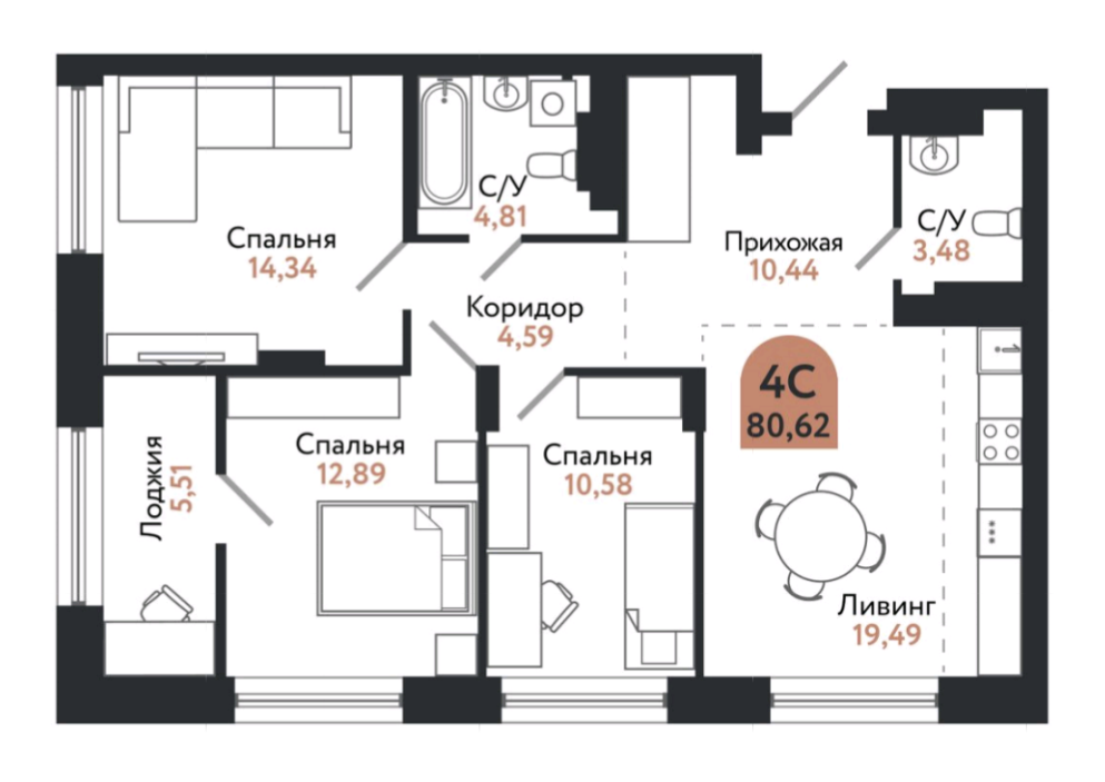 4-комнатная 80.6 м2 в ЖК undefined корпус null этаж 16