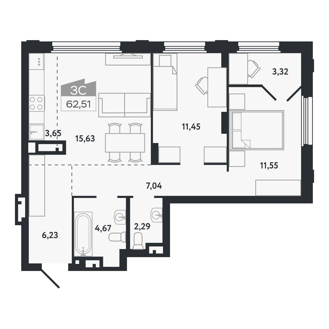 3-комнатная 62 м2 в ЖК Квартал 1604 корпус null этаж 15