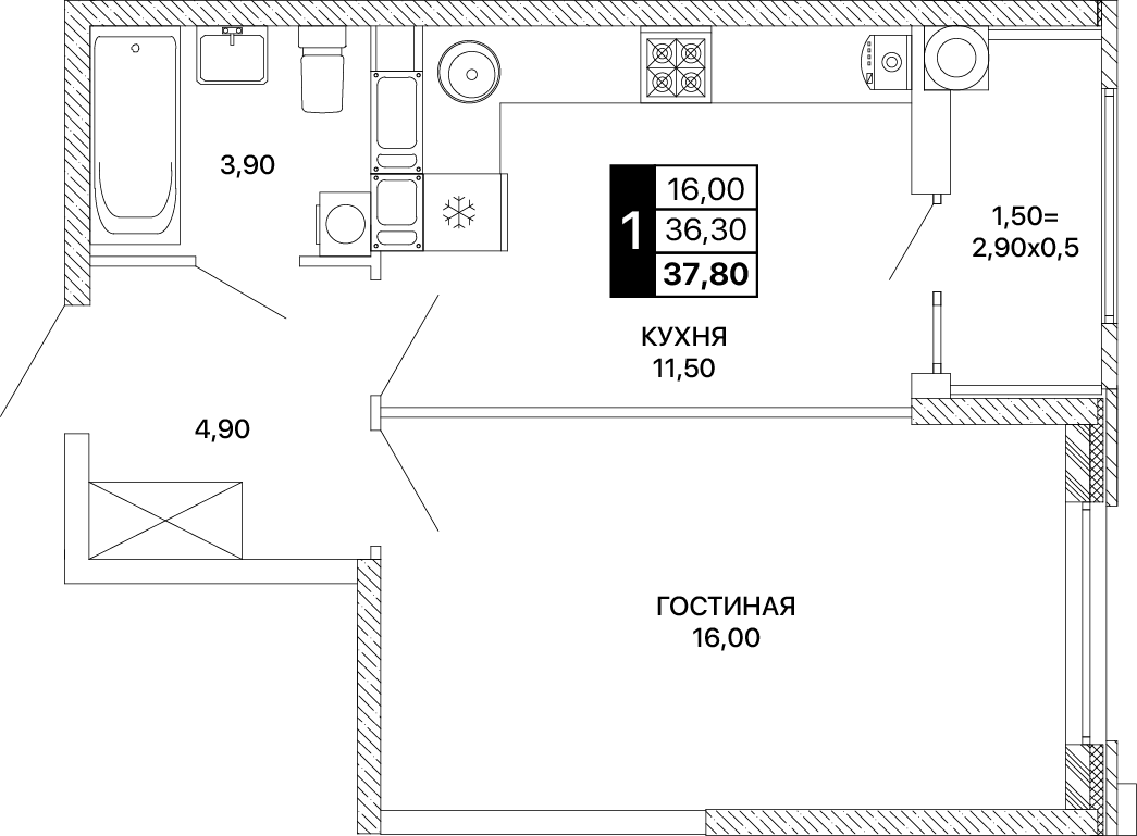 1-комнатная 37 м2 в ЖК Сияние корпус null этаж 12