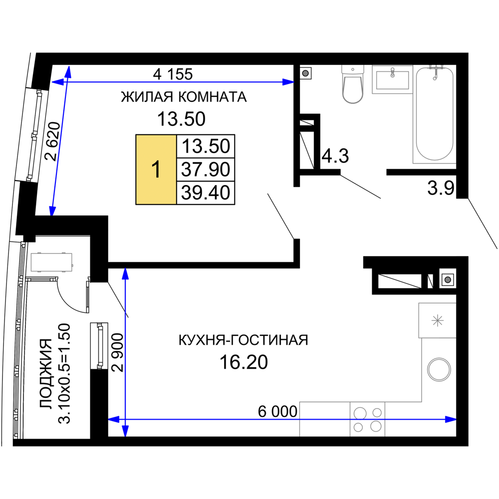 1-комнатная 39 м2 в ЖК Фонтаны корпус null этаж 4