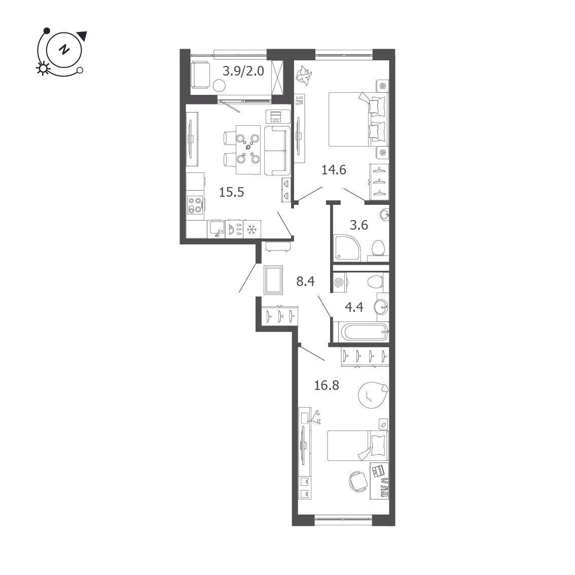 2-комнатная 65 м2 в ЖК Пулковский дом корпус null этаж 4