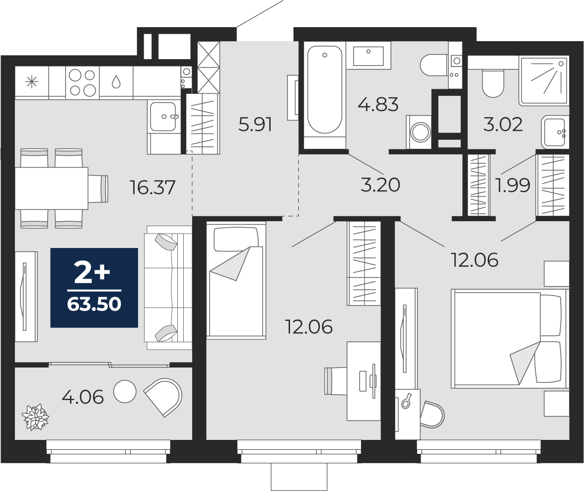 2-комнатная 59 м2 в ЖК Прео корпус null этаж 5