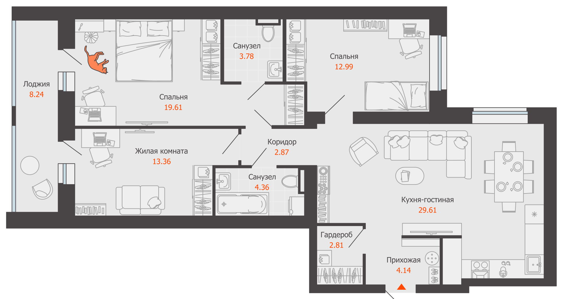 4-комнатная 98 м2 в ЖК ZNAK корпус null этаж 6